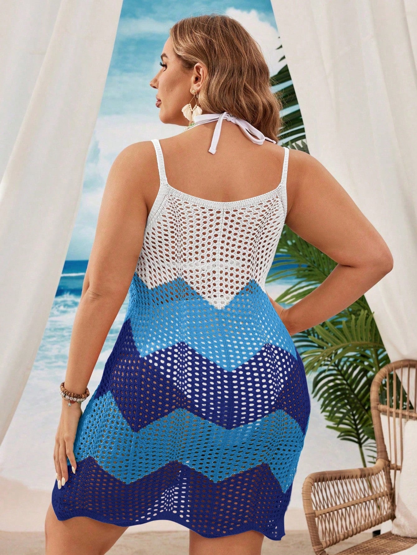 Swim Vcay Plus Size Women Light Blue Colorblock Knit Beach Cover-Up,Summer Boho Holiday Crochet Dress,Resort Wear Curve Swimsuit Cover Up,Halter Geometric Vest
