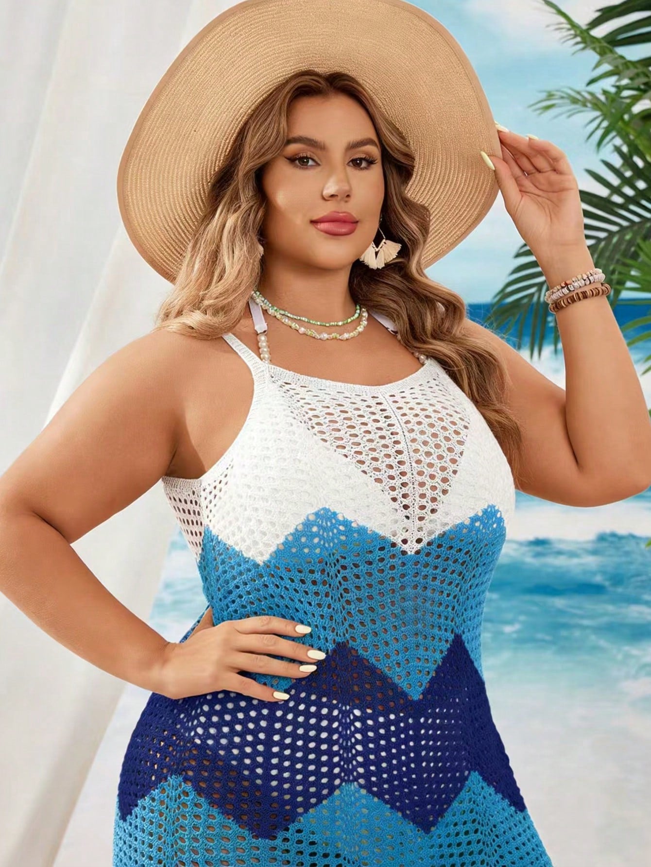 Swim Vcay Plus Size Women Light Blue Colorblock Knit Beach Cover-Up,Summer Boho Holiday Crochet Dress,Resort Wear Curve Swimsuit Cover Up,Halter Geometric Vest