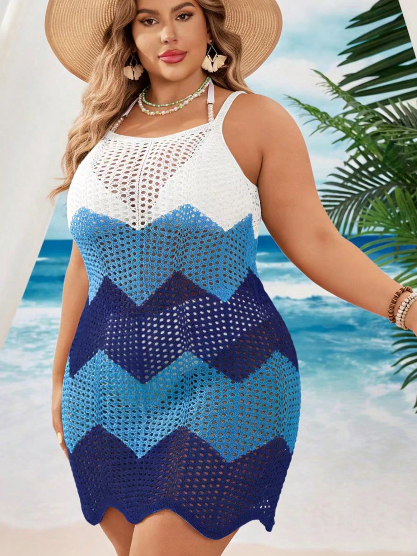 Swim Vcay Plus Size Women Light Blue Colorblock Knit Beach Cover-Up,Summer Boho Holiday Crochet Dress,Resort Wear Curve Swimsuit Cover Up,Halter Geometric Vest