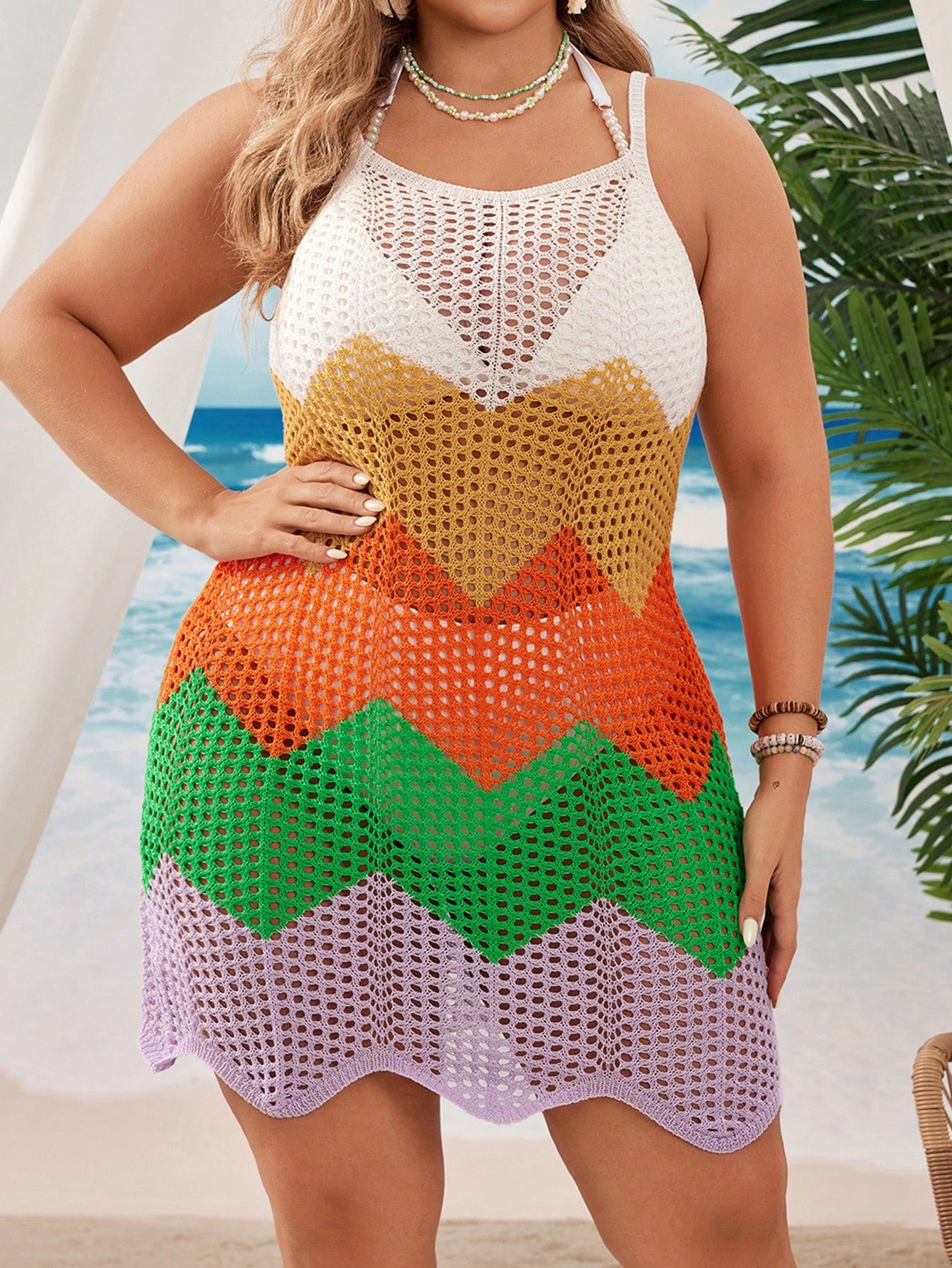 Swim Vcay Plus Size Women Light Blue Colorblock Knit Beach Cover-Up,Summer Boho Holiday Crochet Dress,Resort Wear Curve Swimsuit Cover Up,Halter Geometric Vest