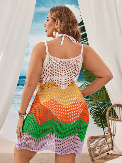 Swim Vcay Plus Size Women Light Blue Colorblock Knit Beach Cover-Up,Summer Boho Holiday Crochet Dress,Resort Wear Curve Swimsuit Cover Up,Halter Geometric Vest