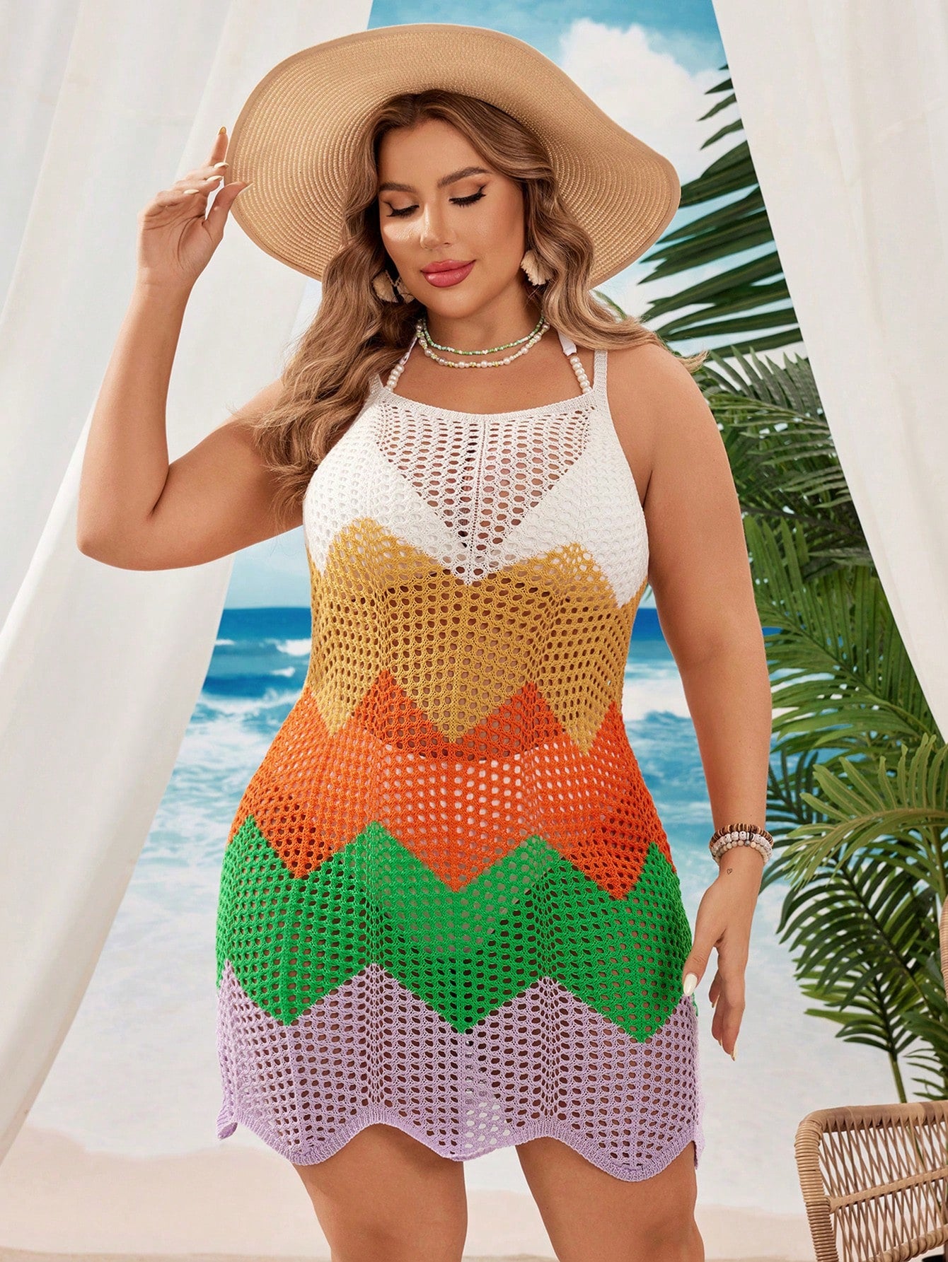 Swim Vcay Plus Size Women Light Blue Colorblock Knit Beach Cover-Up,Summer Boho Holiday Crochet Dress,Resort Wear Curve Swimsuit Cover Up,Halter Geometric Vest