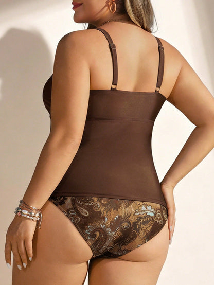 Swim Vcay Plus Size Women's 2-Piece Set, Khaki Minimalist V-Neck Pleated Top Paired With Retro Print Outfit, Suitable For Beach Vacation