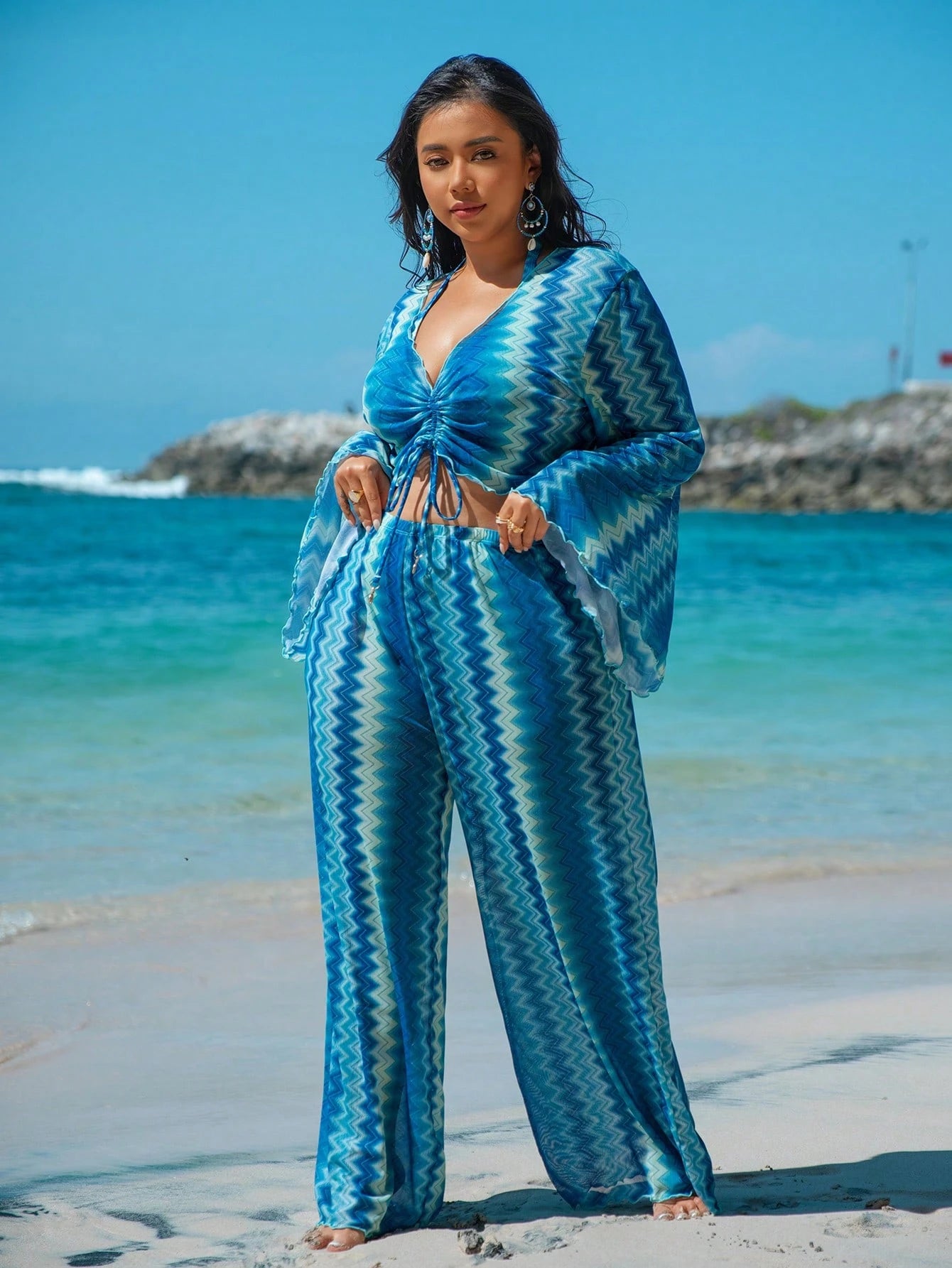Swim Vcay Plus Size Women's Summer Beach Wavy Halter Tri-Angle Bikini Set With Swimwear Cover Up Long Pants, Detachable 4Pcs Swimwear