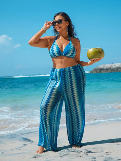 Swim Vcay Plus Size Women's Summer Beach Wavy Halter Tri-Angle Bikini Set With Swimwear Cover Up Long Pants, Detachable 4Pcs Swimwear