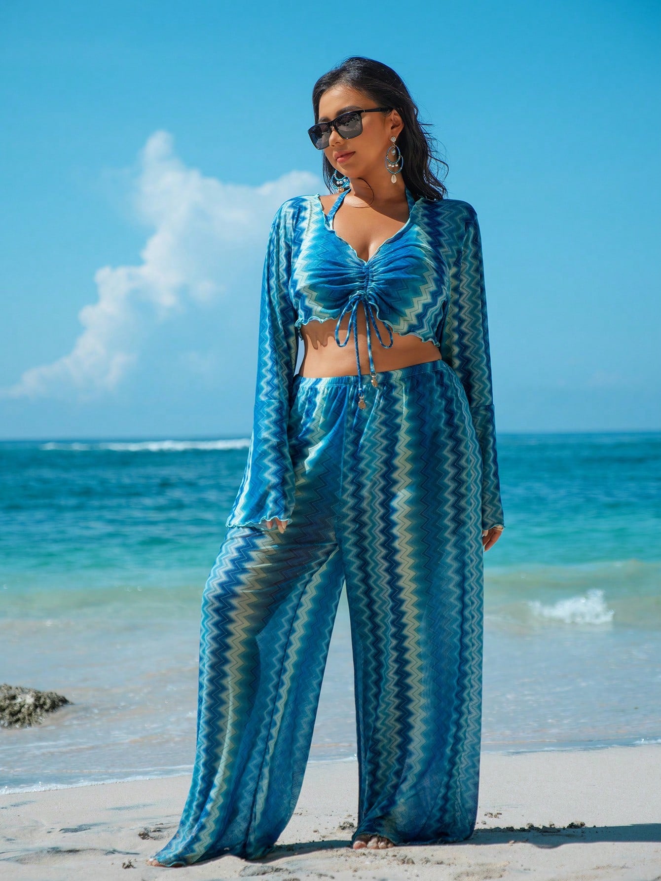 Swim Vcay Plus Size Women's Summer Beach Wavy Halter Tri-Angle Bikini Set With Swimwear Cover Up Long Pants, Detachable 4Pcs Swimwear