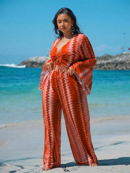 Swim Vcay Plus Size Women's Summer Beach Wavy Halter Tri-Angle Bikini Set With Swimwear Cover Up Long Pants, Detachable 4Pcs Swimwear