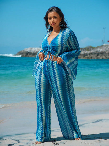Swim Vcay Plus Size Women's Summer Beach Wavy Halter Tri-Angle Bikini Set With Swimwear Cover Up Long Pants, Detachable 4Pcs Swimwear
