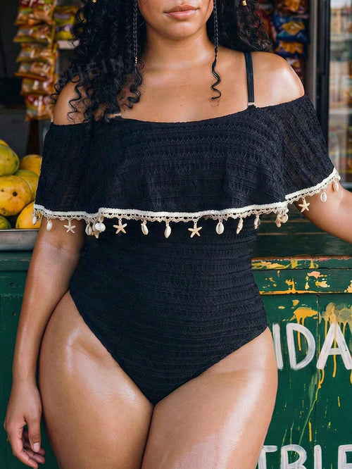 Swim Vcay Plus Size Women Shell Pendant Decor Off-Shoulder One-Piece Swimsuit, Suitable For Beach Holiday, Pool Party, Beach Party Black Summer Boho