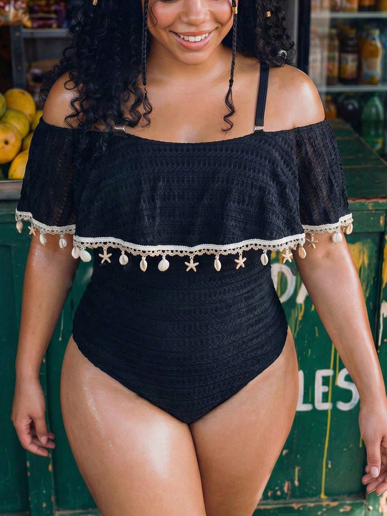 Swim Vcay Plus Size Women Shell Pendant Decor Off-Shoulder One-Piece Swimsuit, Suitable For Beach Holiday, Pool Party, Beach Party Black Summer Boho