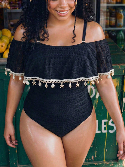 Swim Vcay Plus Size Women Shell Pendant Decor Off-Shoulder One-Piece Swimsuit, Suitable For Beach Holiday, Pool Party, Beach Party Black Summer Boho