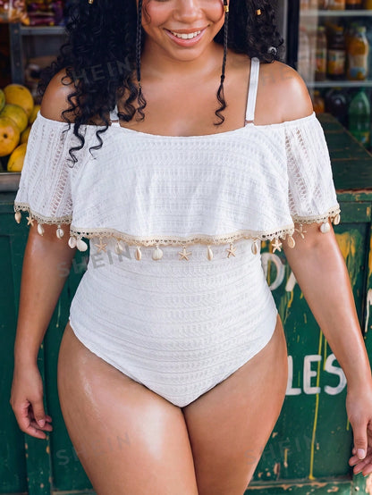 Swim Vcay Plus Size Women Shell Pendant Decor Off-Shoulder One-Piece Swimsuit, Suitable For Beach Holiday, Pool Party, Beach Party Black Summer Boho