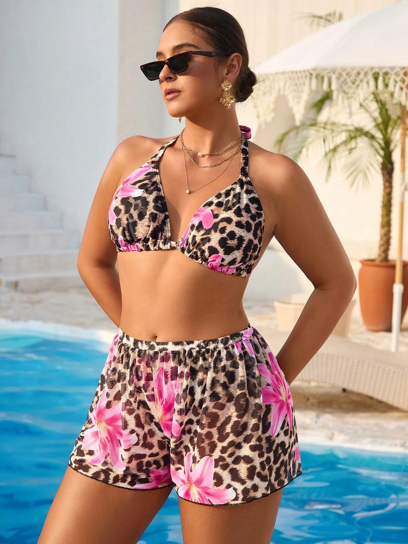 Swim Vcay Plus Size Women Summer Leopard Print Halter Sexy Bikini Set With Cover-Up Shorts