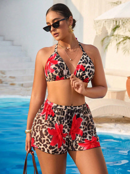 Swim Vcay Plus Size Women Summer Leopard Print Halter Sexy Bikini Set With Cover-Up Shorts
