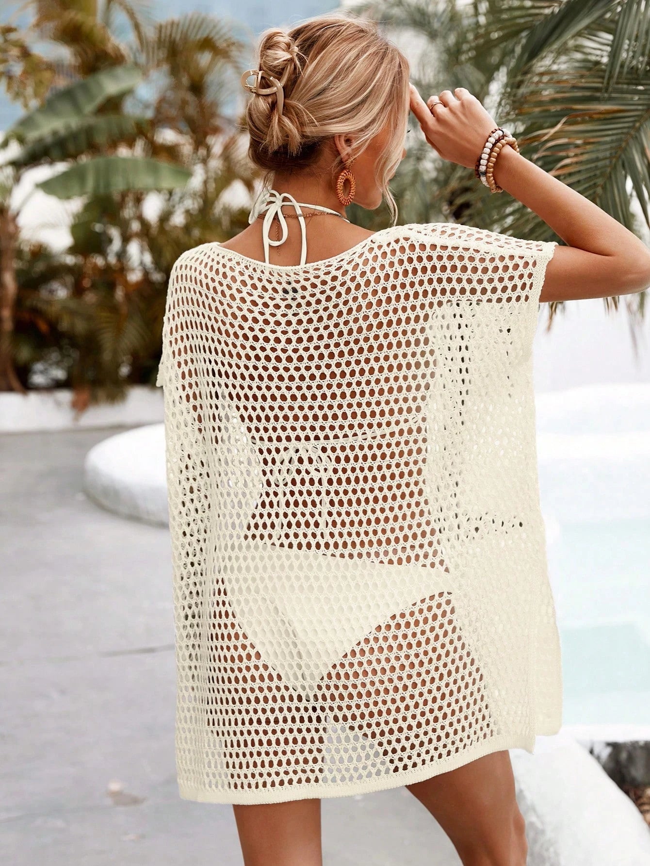 Swim Vcay Summer Beach Hollow Out Dolman Sleeve Split Hem Cover Up Dress Without Bikini Set