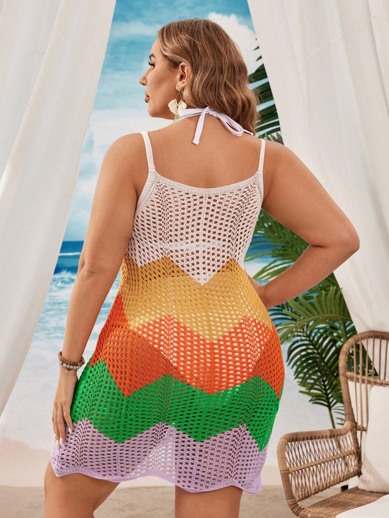 Swim Vcay Summer Beach Plus Size Hollow Out Knitted Cami Dress With Color Block Design For Beach Vacation