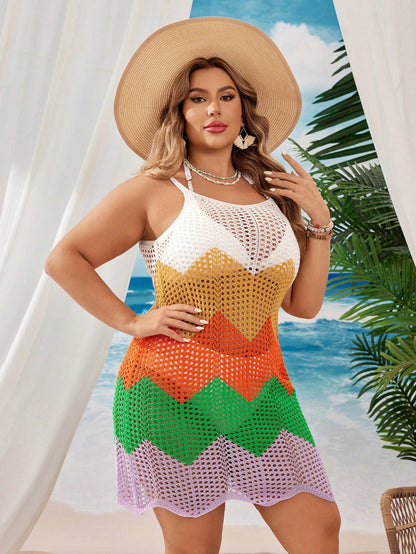 Swim Vcay Summer Beach Plus Size Hollow Out Knitted Cami Dress With Color Block Design For Beach Vacation