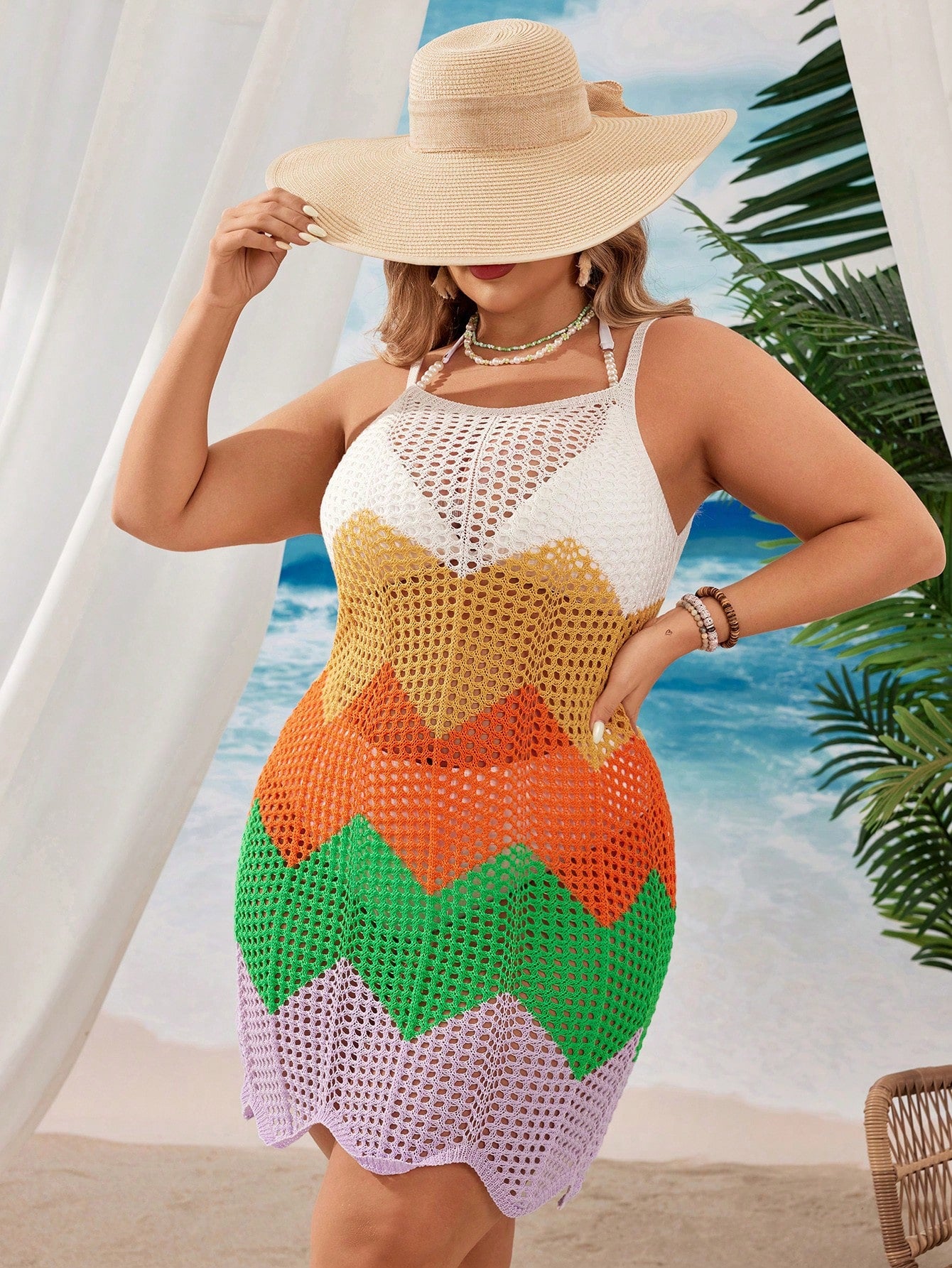 Swim Vcay Summer Beach Plus Size Hollow Out Knitted Cami Dress With Color Block Design For Beach Vacation