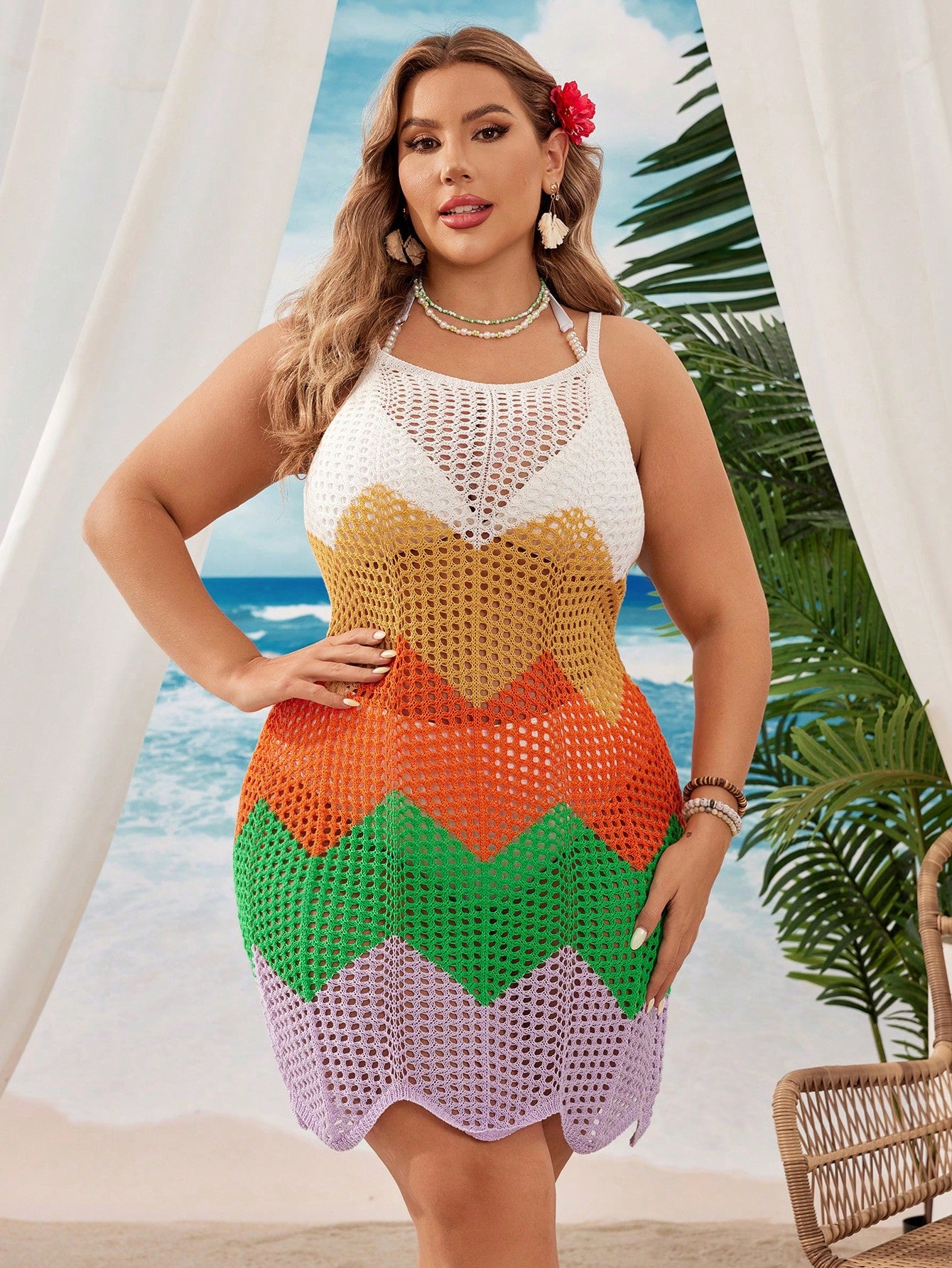 Swim Vcay Summer Beach Plus Size Hollow Out Knitted Cami Dress With Color Block Design For Beach Vacation