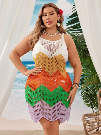 Swim Vcay Summer Beach Plus Size Hollow Out Knitted Cami Dress With Color Block Design For Beach Vacation