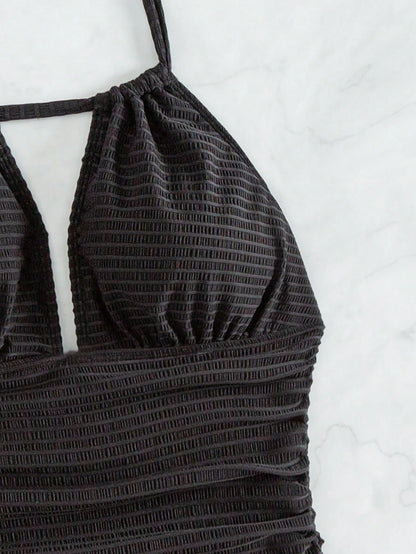 Swim Vcay Summer Beach Solid Color Halter Neck One Piece Swimsuit With Ruffle Detail Music Festival