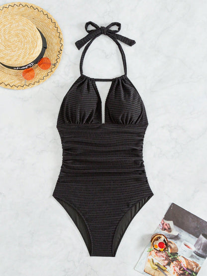 Swim Vcay Summer Beach Solid Color Halter Neck One Piece Swimsuit With Ruffle Detail Music Festival
