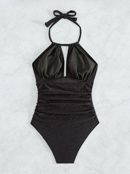 Swim Vcay Summer Beach Solid Color Halter Neck One Piece Swimsuit With Ruffle Detail Music Festival