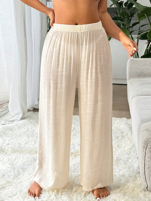 Swim Vcay Women Plus Size Casual Solid Color Top And Pants Set For Summer Beach Vacation