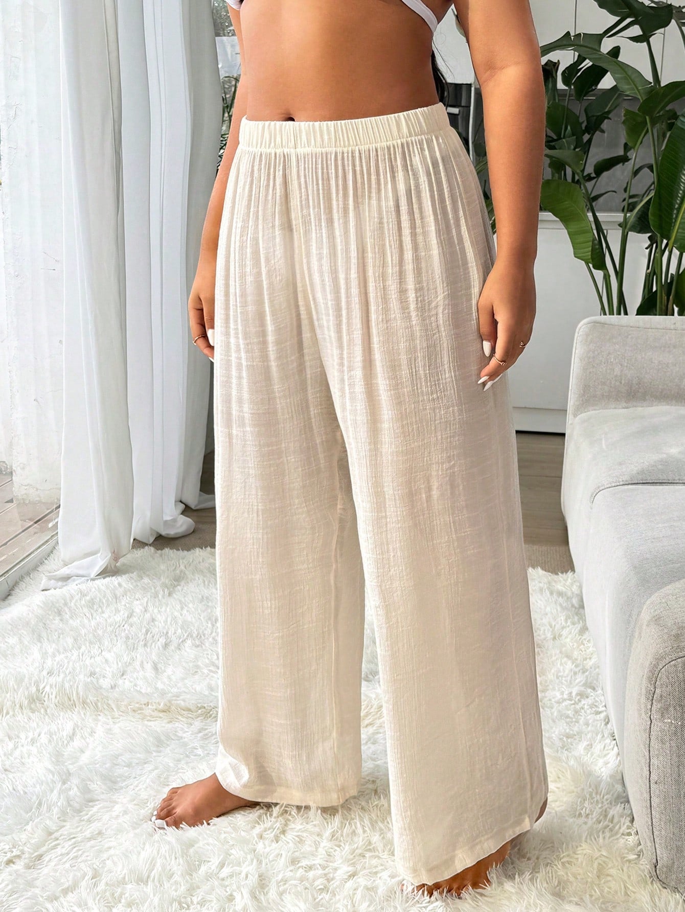 Swim Vcay Women Plus Size Casual Solid Color Top And Pants Set For Summer Beach Vacation