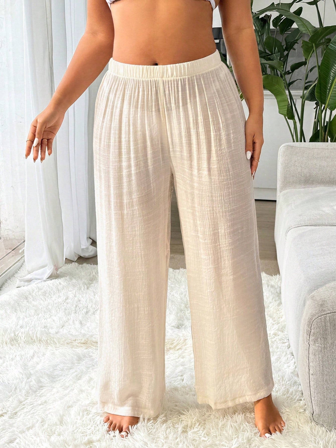 Swim Vcay Women Plus Size Casual Solid Color Top And Pants Set For Summer Beach Vacation