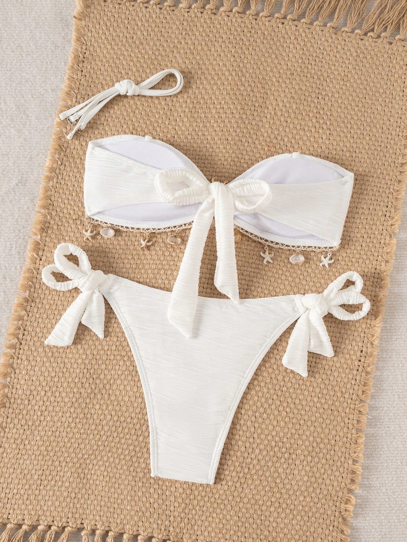 Swim Vcay Women's Off-White Summer Casual Holiday Vacation Holiday Chic Textured Fabric Bandeau Bikini Set With Delicate Starfish Accessories Backless