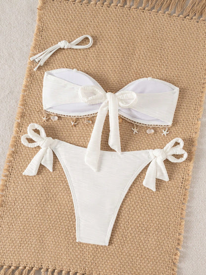Swim Vcay Women's Off-White Summer Casual Holiday Vacation Holiday Chic Textured Fabric Bandeau Bikini Set With Delicate Starfish Accessories Backless