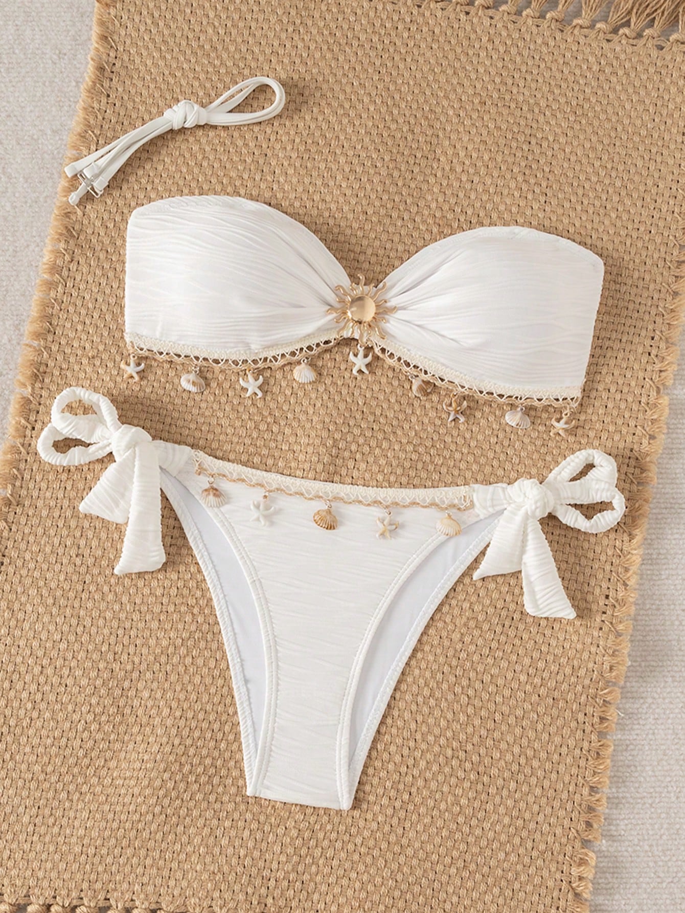 Swim Vcay Women's Off-White Summer Casual Holiday Vacation Holiday Chic Textured Fabric Bandeau Bikini Set With Delicate Starfish Accessories Backless