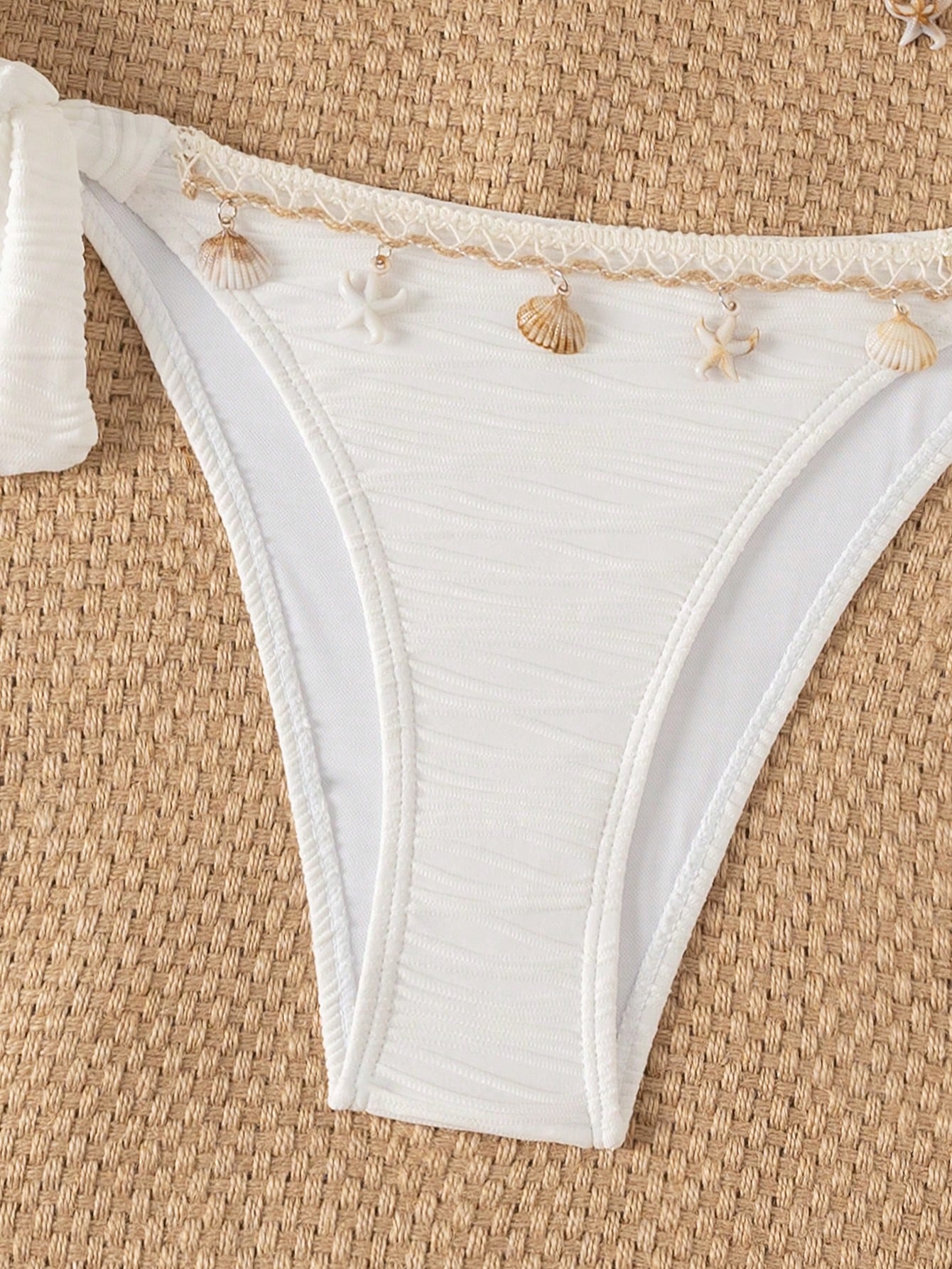 Swim Vcay Women's Off-White Summer Casual Holiday Vacation Holiday Chic Textured Fabric Bandeau Bikini Set With Delicate Starfish Accessories Backless