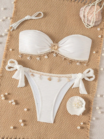 Swim Vcay Women's Off-White Summer Casual Holiday Vacation Holiday Chic Textured Fabric Bandeau Bikini Set With Delicate Starfish Accessories Backless