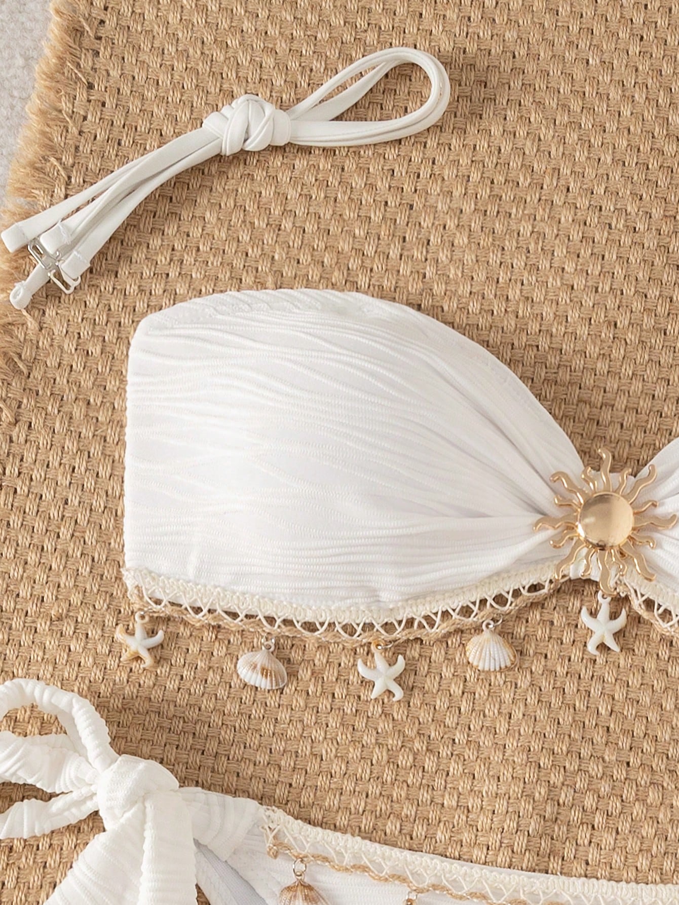 Swim Vcay Women's Off-White Summer Casual Holiday Vacation Holiday Chic Textured Fabric Bandeau Bikini Set With Delicate Starfish Accessories Backless