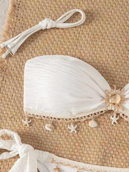 Swim Vcay Women's Off-White Summer Casual Holiday Vacation Holiday Chic Textured Fabric Bandeau Bikini Set With Delicate Starfish Accessories Backless