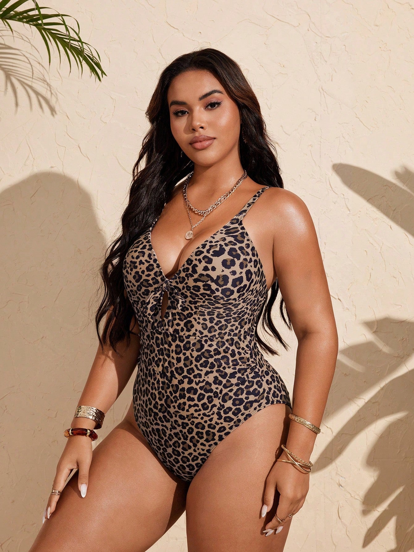 Swim Vcay Women's Plus Size One-Piece Swimsuit Leopard Print V-Neck Tie Front Hollow Out Adjustable Straps Tie Dye,Summer,Beach,Vacation,Holiday Bathing Suit