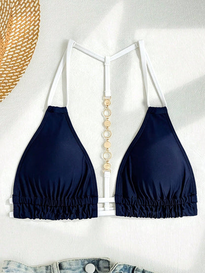 Swim Vcay Women's Summer Beach Party Solid Color Halter Neck Back Beaded Decor Sexy Fashion Swimsuit Top Navy Blue And White