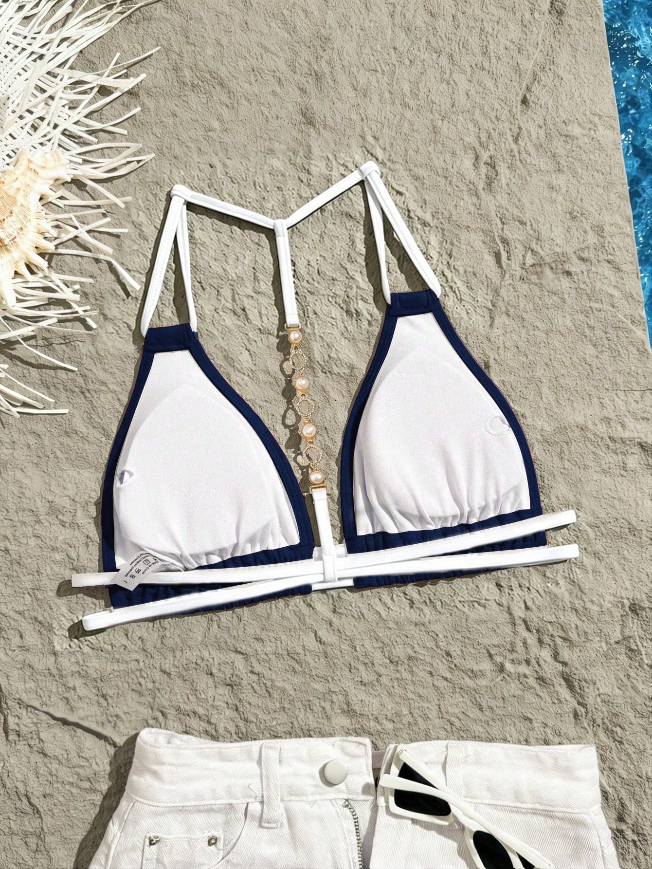 Swim Vcay Women's Summer Beach Party Solid Color Halter Neck Back Beaded Decor Sexy Fashion Swimsuit Top Navy Blue And White