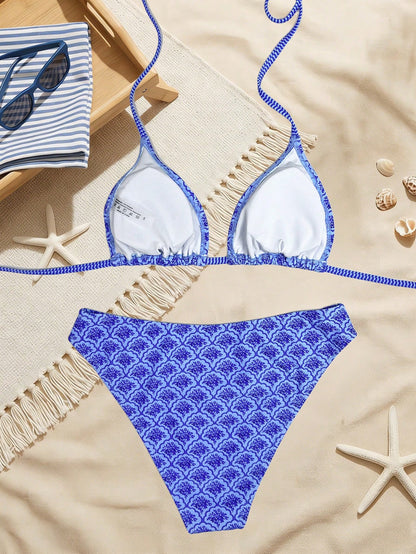 Swim Vcay Women's Summer Blue Printed Halter Neck Low Waist Triangle Bikini Set