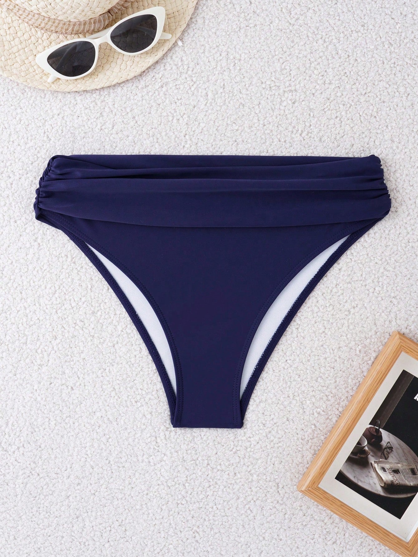 Swim Women's Solid Color Bikini Bottoms With Pleats, Summer Beachwear