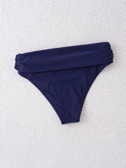 Swim Women's Solid Color Bikini Bottoms With Pleats, Summer Beachwear