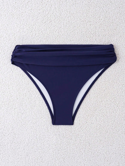 Swim Women's Solid Color Bikini Bottoms With Pleats, Summer Beachwear