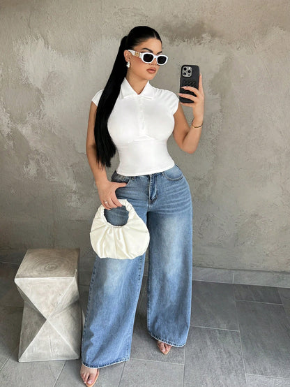 SXY Plus Size Women Solid Color Pleated Slim Fit Versatile 70's Casual Sexy Daily Party Blouse Night Evening White Summer Night Evening Night Evening