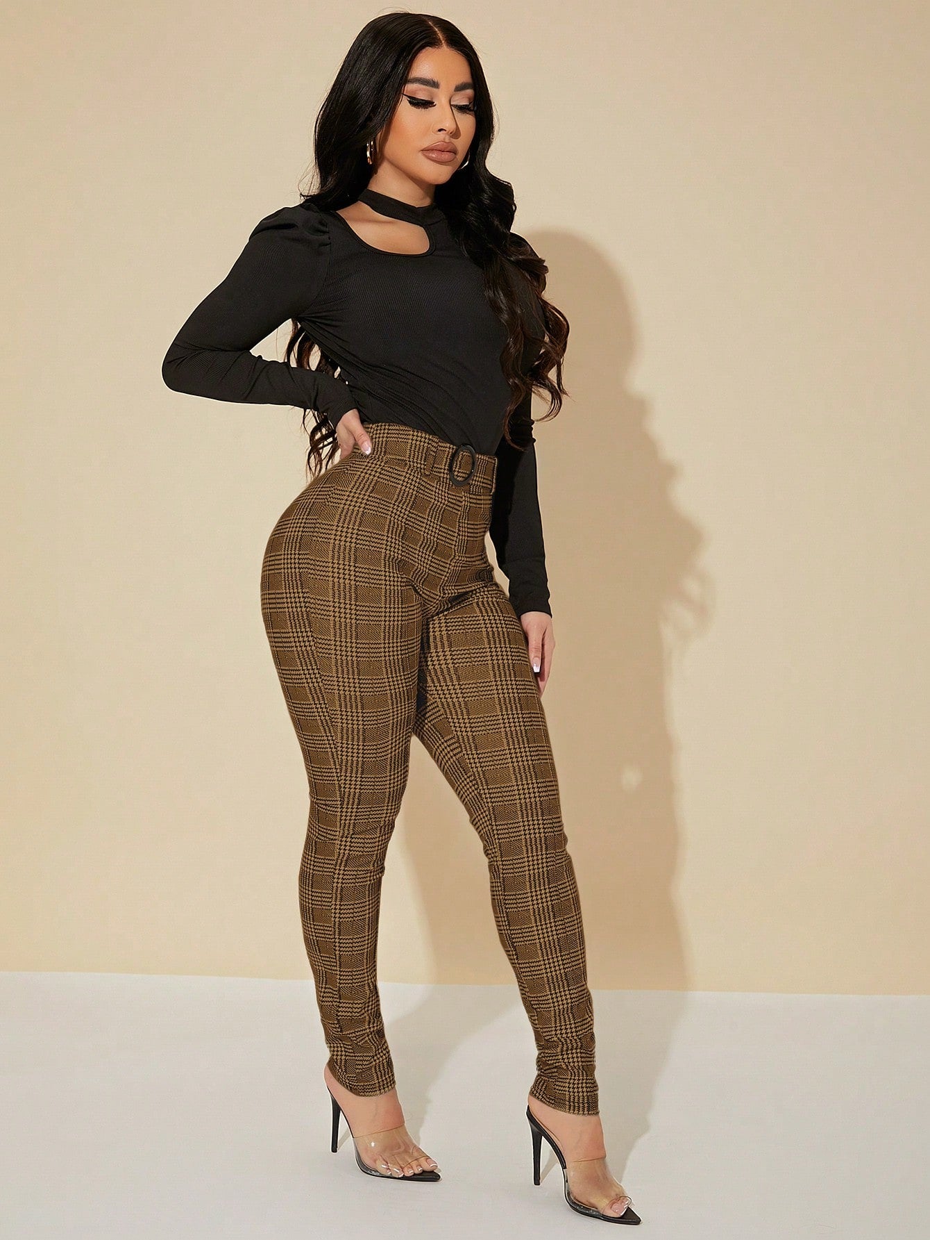 SXY Sexy High Waist Glen Plaid Belted Pants