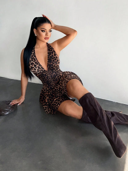 SXY Women's Leopard Print Halter Neck Ruffle Hem Dress, Sexy Vacation Dress, Cheetah Print, Cheetah Dress, Leopard Dress, Birthday Dress Sexy Summer
