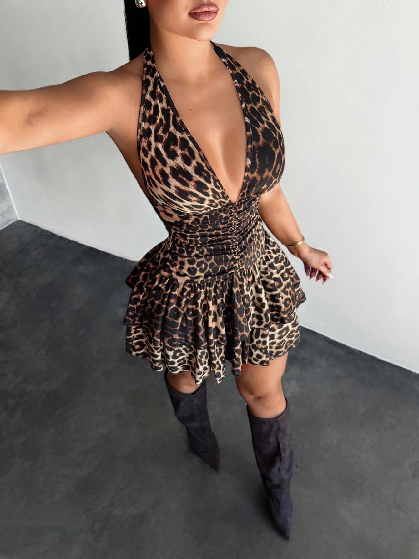 SXY Women's Leopard Print Halter Neck Ruffle Hem Dress, Sexy Vacation Dress, Cheetah Print, Cheetah Dress, Leopard Dress, Birthday Dress Sexy Summer