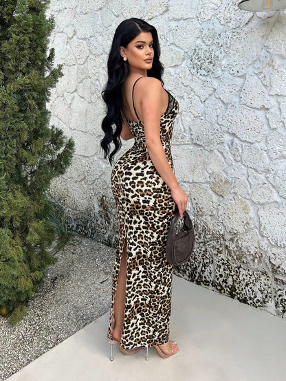 SXY Women's Leopard Print Lace Patchwork Bodycon Camisole Dress,Summer Dresses For Women
