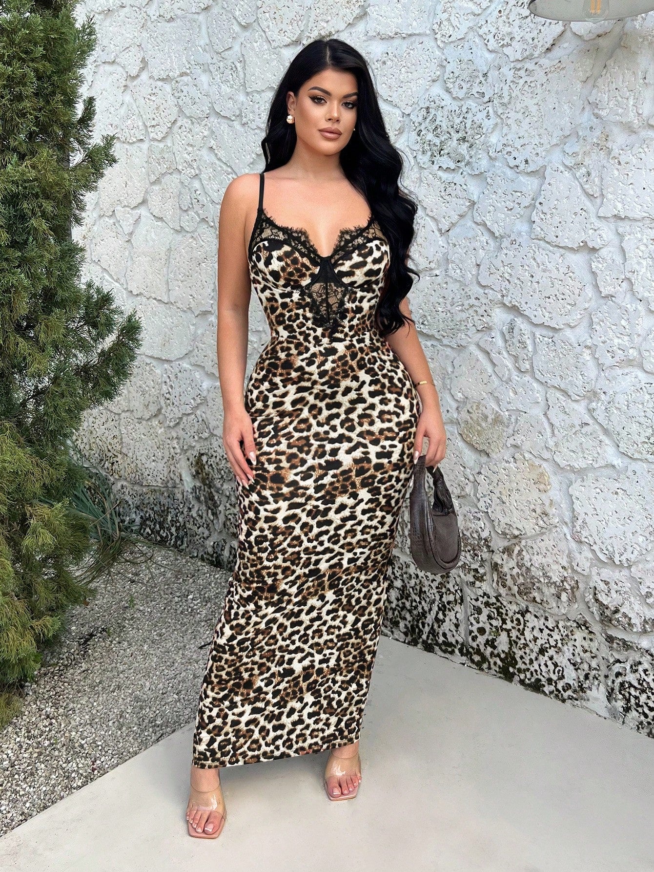 SXY Women's Leopard Print Lace Patchwork Bodycon Camisole Dress,Summer Dresses For Women